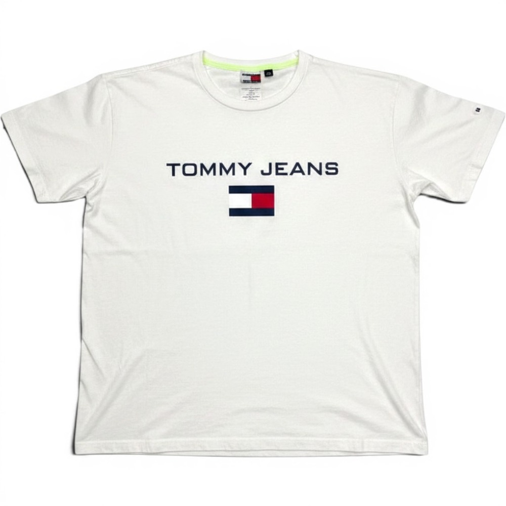 Vintage Tommy Jeans Flag Logo T-Shirt Mens Large White Spellout Embroidered Y2K